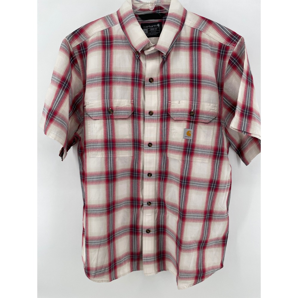 Carhartt Plaid Button Down Mens Large Red Cream Loose Fit Short Sleeve Shirt - Picture 1 of 7